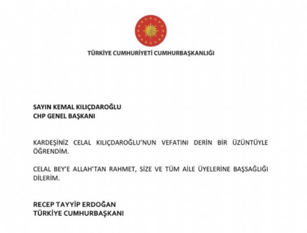 Başkan Erdoğan'dan kardeşi vefat eden Kemal Kılıçdaroğlu'na taziye mesajı