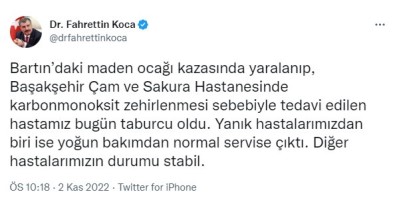 Saglik Bakani Koca Açiklamasi 'Basaksehir Çam Ve Sakura Hastanesi'nde Tedavi Edilen Hastamiz Taburcu Oldu'