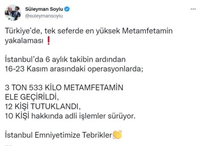 Bakan Soylu Duyurdu Açiklamasi Türkiye'de Tek Seferdeki En Fazla Miktardaki Metamfetamin Yakalanmasi Gerçeklestirildi