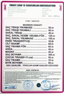Sinop'ta Berber Tarifesi Yenilendi Açiklamasi Saç-Sakal 100-120 TL