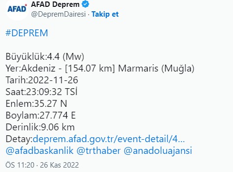 Marmaris'te 4.4 büyüklüğünde deprem
