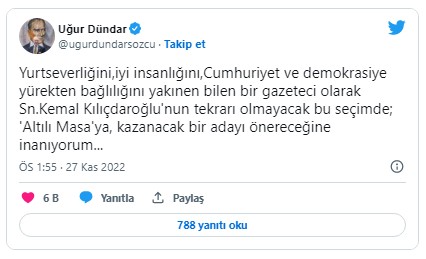 Kılıçdaroğlu’na inanmayanlar kervanına Uğur Dündar da eklendi! 'Kazanacak aday önermeli'