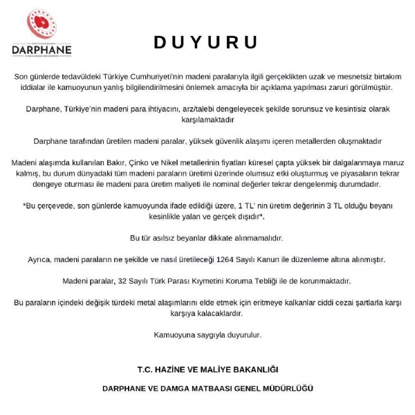 Darphane'den 1 TL'nin maliyeti 3 TL oldu iddialarına yanıt: Yalan ve gerçek dışıdır