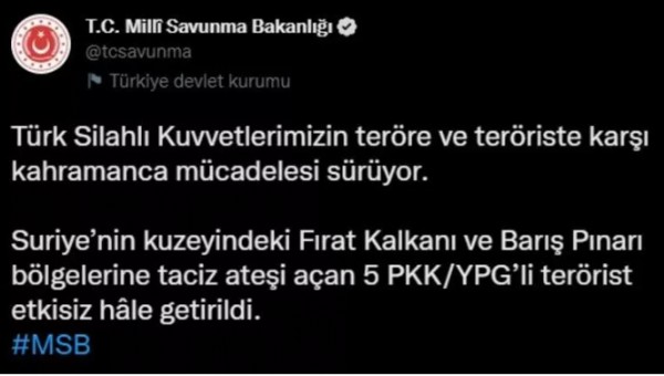 Fırat Kalkanı bölgesinde 5 terörist öldürüldü