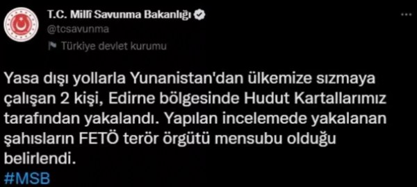 MSB duyurdu! Sınırda 2 FETÖ mensubu yakalandı