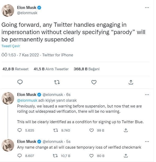 Musk'tan Twitter için yeni adım: Parodi olduğunu açıkça belirtmeyen taklitçi hesaplar askıya alınacak