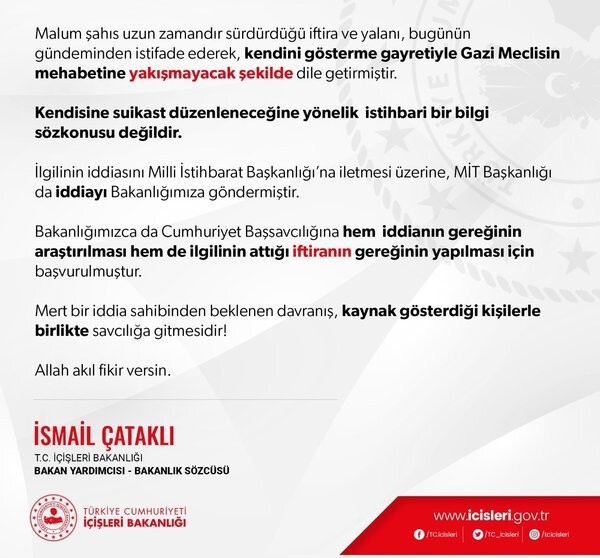 İçişleri Bakanlığı Sözcüsü Çataklı'dan Ümit Özdağ'ın 'suikast' iddialarına yanıt: Allah akıl fikir versin