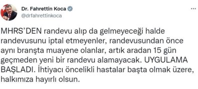 Bakan Koca Duyurdu Açiklamasi MHRS'den Randevu Alip Gelmeyenlere 15 Gün Yeni Randevu Yok