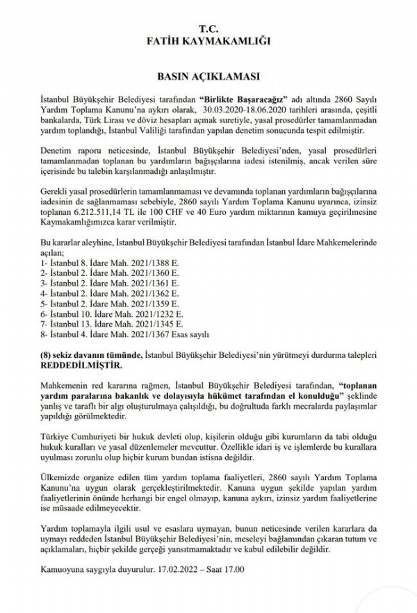 Yasa dışı yardım kampanyasına Fatih Kaymakamlığı son noktayı koydu: İBB toplanan paraları bağışçılara iade etmedi