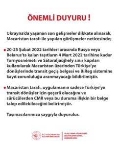 Ulastirma Ve Altyapi Bakanligindan Rusya Veya Belarus'ta Kalan Tasitlar Hakkinda Açiklama