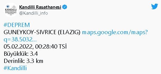 Elazığ'da deprem meydana geldi!