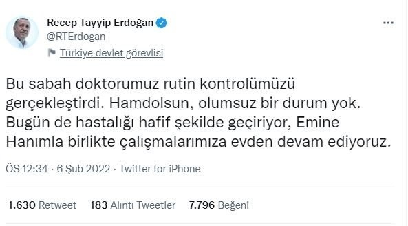 Başkan Recep Tayyip Erdoğan koronavirüsü hafif şekilde geçirdiğini açıkladı!