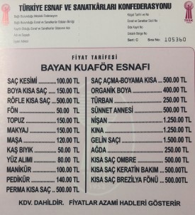 Sinop'ta Bayan Kuaför Tarifesi Yenilendi
