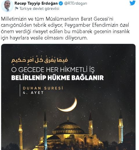 Başkan Erdoğan'dan Berat Kandili mesajı
