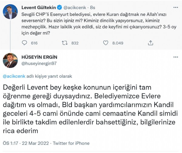 Levent Gültekin ile CHP İlçe Başkanı arasında 'Kur'an-ı Kerim dağıtma' polemiği: 3-5 oy için değer mi