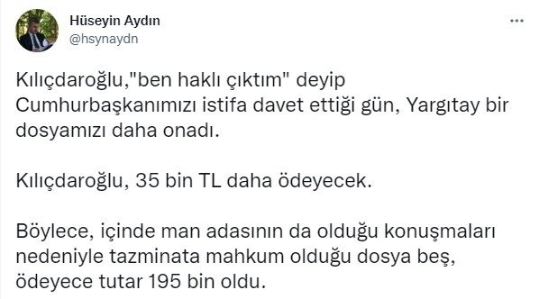 Kılıçdaroğlu, Başkan Erdoğan'a 35 bin lira tazminat ödeyecek