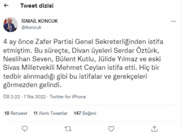 İsmail Koncuk 'Bu yönetim anlayışıyla ileri gitmek mümkün değil' dedi ve Zafer Partisi'nden istifa etti