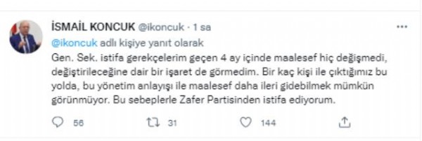 İsmail Koncuk 'Bu yönetim anlayışıyla ileri gitmek mümkün değil' dedi ve Zafer Partisi'nden istifa etti