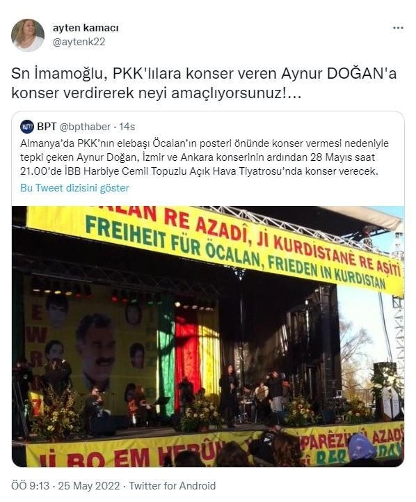 CHP'li İBB'nin PKK destekçisi Aynur Doğan'a sahne açmasına tepkiler çığ gibi büyüyor!