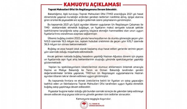 Tarım ve Orman Bakanlığı açıkladı! Uygun fiyattan buğday satışı devam edecek!