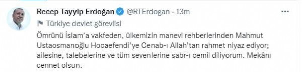Başkan Erdoğan'dan Mahmut Ustaosmanoğlu için taziye mesajı!