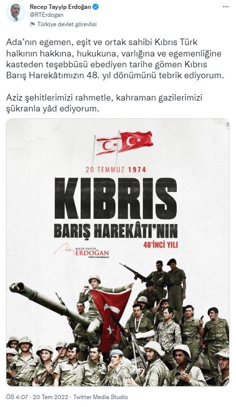 Başkan Erdoğan'dan Kıbrıs Barış Harekatı mesajı!