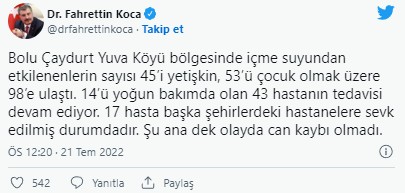 Bakan Koca: Bolu'da içme suyundan etkilenenlerin sayısı 98’e ulaştı