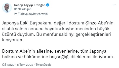 Başkan Erdoğan'dan 'Shinzo Abe' mesajı!