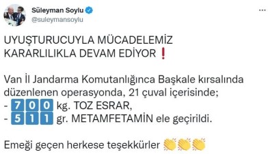 Bakan Soylu Duyurdu Açiklamasi Van'da 700 Kiloyu Askin Uyusturucu Ele Geçirildi