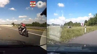 Çekya'da Radara Yakalanan Motosiklet Sürücüsü Polis Kovalamacasinda Takla Atti