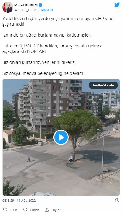 İzmir Büyükşehir Belediyesi yarım asırlık ağacı katletti! Bakan Kurum: Biz onları kurtarırız, yenilerini dikeriz