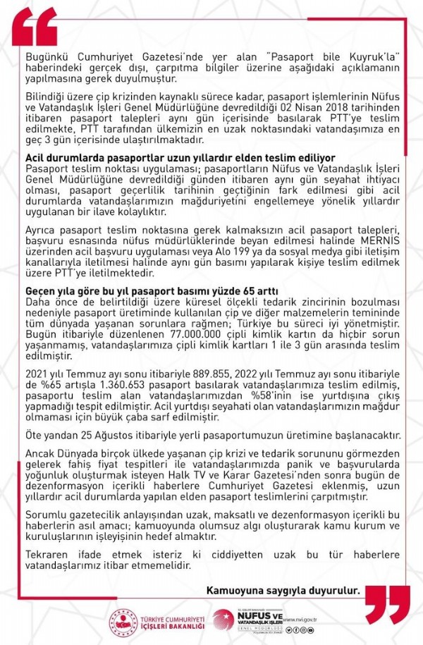 NVİ’den 'Pasaport bile Kuyruk'la' haberine yalanlama!