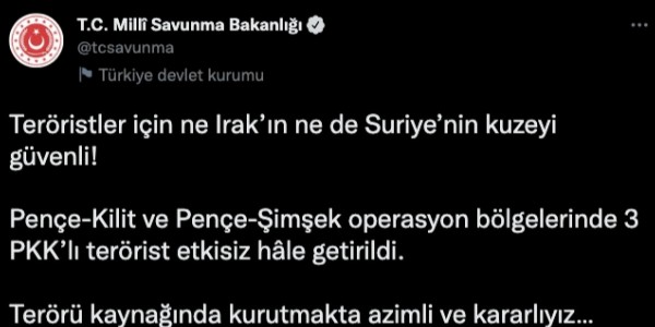 MSB: 3 terörist öldürüldüMSB: 3 terörist öldürüldü
