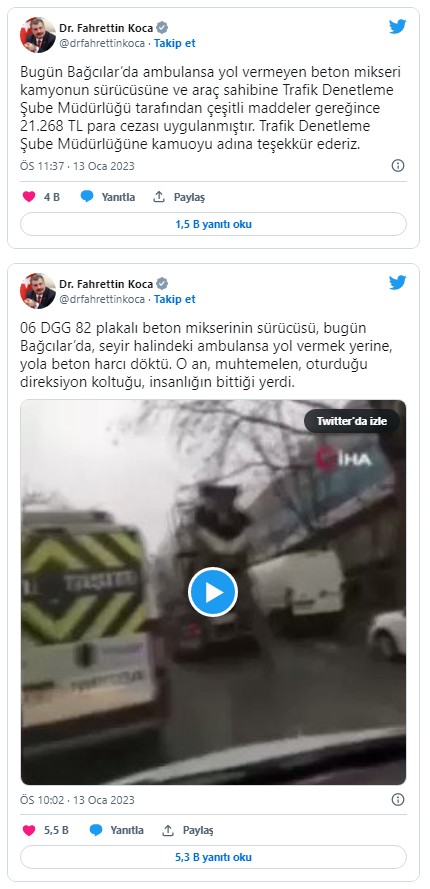 Bakan Koca'dan ambulansa yol vermemek için yola beton döken sürücüye tepki! 21.268 TL para cezası uygulandı