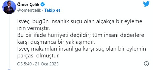 Ömer Çelik'ten İsveç'teki alçak provokasyona sert tepki