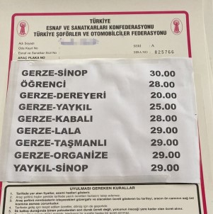 Sinop-Gerze Dolmus Tarifesine 5 TL Zam
