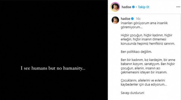Hadise'den İsrail-Hamas paylaşımı