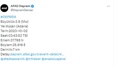 Adana'da 3,9 büyüklüğünde deprem