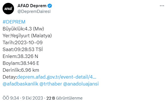 Malatya’da 4,3 büyüklüğünde deprem