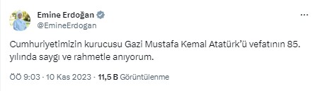 Emine Erdoğan'dan 10 Kasım Atatürk'ü Anma Günü mesajı
