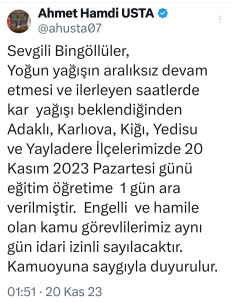 Bingöl'ün 5 Ilçesinde Okullar Tatil Edildi