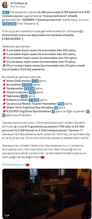 81 ilde ÇEMBER-7 operasyonu: Bin 34 kişi yakalandı!