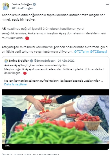 Emine Erdoğan'dan 'Ayaş domatesi' paylaşımı