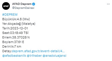 AFAD duyurdu: Malatya'da 4.8 büyüklüğünde deprem!
