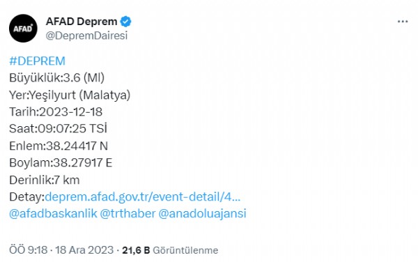 Bir deprem haberi de Malatya'dan!
