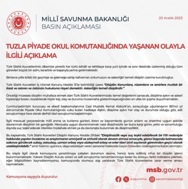 MSB'den 'Tuzla Piyade okulu' iddialarına ilişkin flaş açıklama!