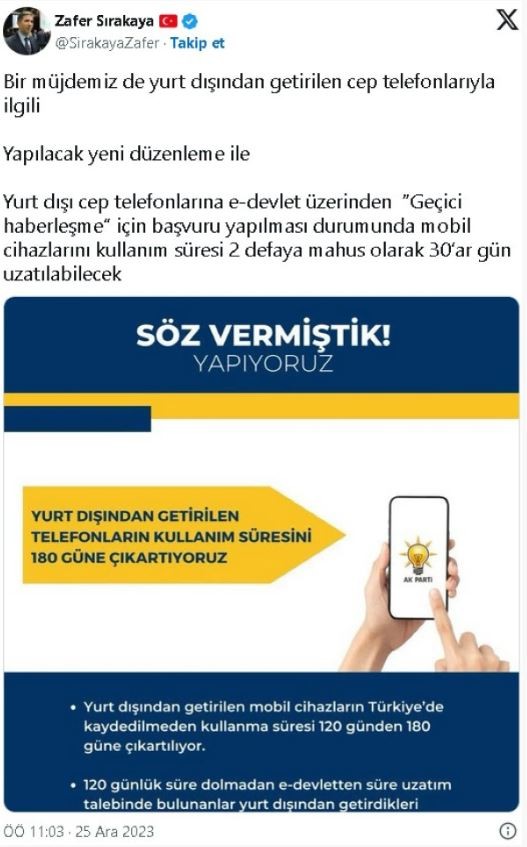Yurt dışından getirilen telefonların kullanım süresi 180 güne çıkarılacak
