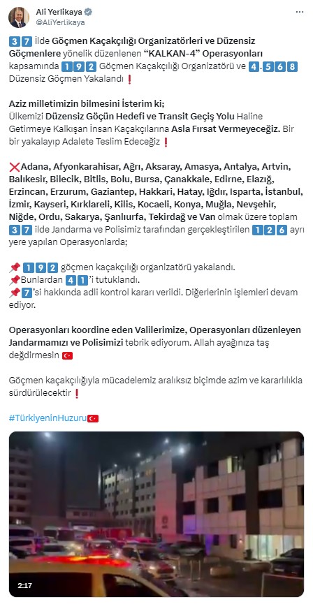 Bakan Yerlikaya paylaştı: 37 ilde Kalkan-4 Operasyonu! 192 göçmen kaçakçılığı organizatörü yakalandı
