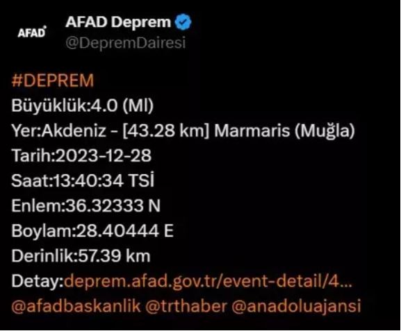 Marmaris'te deprem! AFAD açıkladı