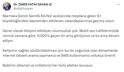 Bakan Yardimcisi Sayan Açiklamasi '(Deprem Sonrasi) Iletisimi Etkileyen Olumsuzluk Yok'